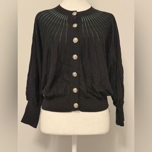 Chic Black/Green Button-Up Cardigan/Black Knit Pant Set